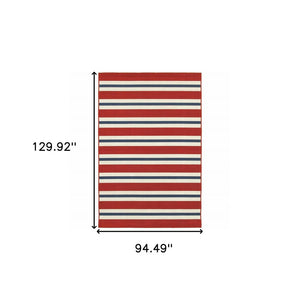 8' X 11' Red and Ivory Geometric Stain Resistant Indoor Outdoor Area Rug