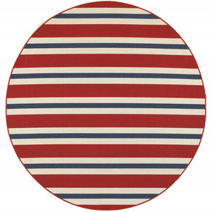 8' X 8' Red and Ivory Round Geometric Stain Resistant Indoor Outdoor Area Rug