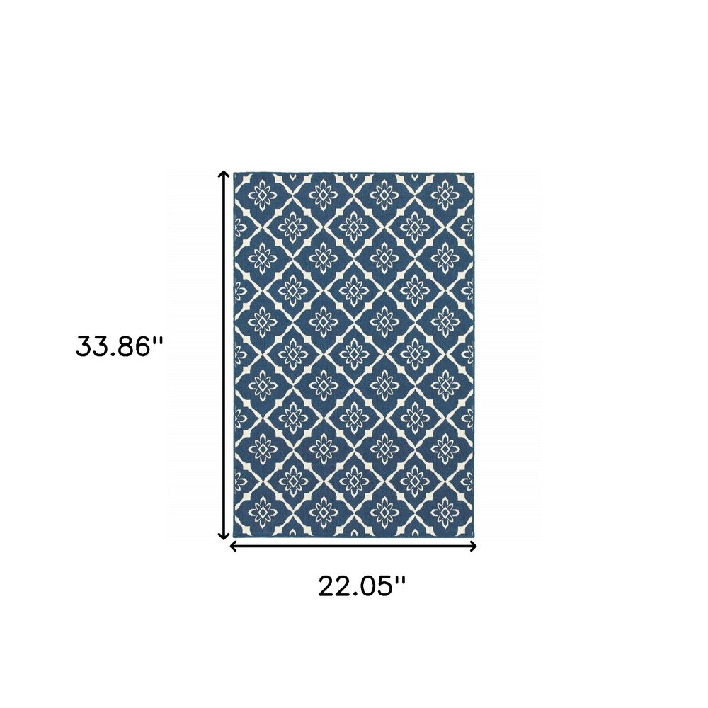2' X 3' Blue and Ivory Floral Stain Resistant Indoor Outdoor Area Rug