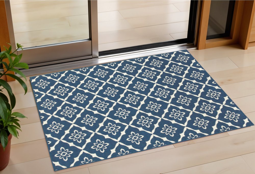 2' X 3' Blue and Ivory Floral Stain Resistant Indoor Outdoor Area Rug
