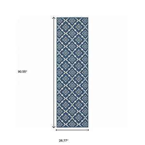 2' X 8' Blue and Ivory Floral Stain Resistant Indoor Outdoor Area Rug