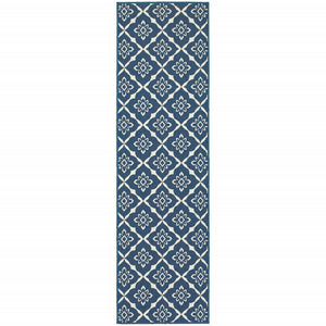2' X 8' Blue and Ivory Floral Stain Resistant Indoor Outdoor Area Rug
