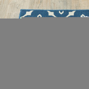2' X 8' Blue and Ivory Floral Stain Resistant Indoor Outdoor Area Rug