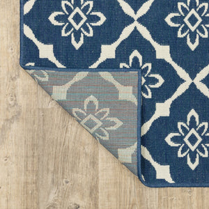 2' X 8' Blue and Ivory Floral Stain Resistant Indoor Outdoor Area Rug