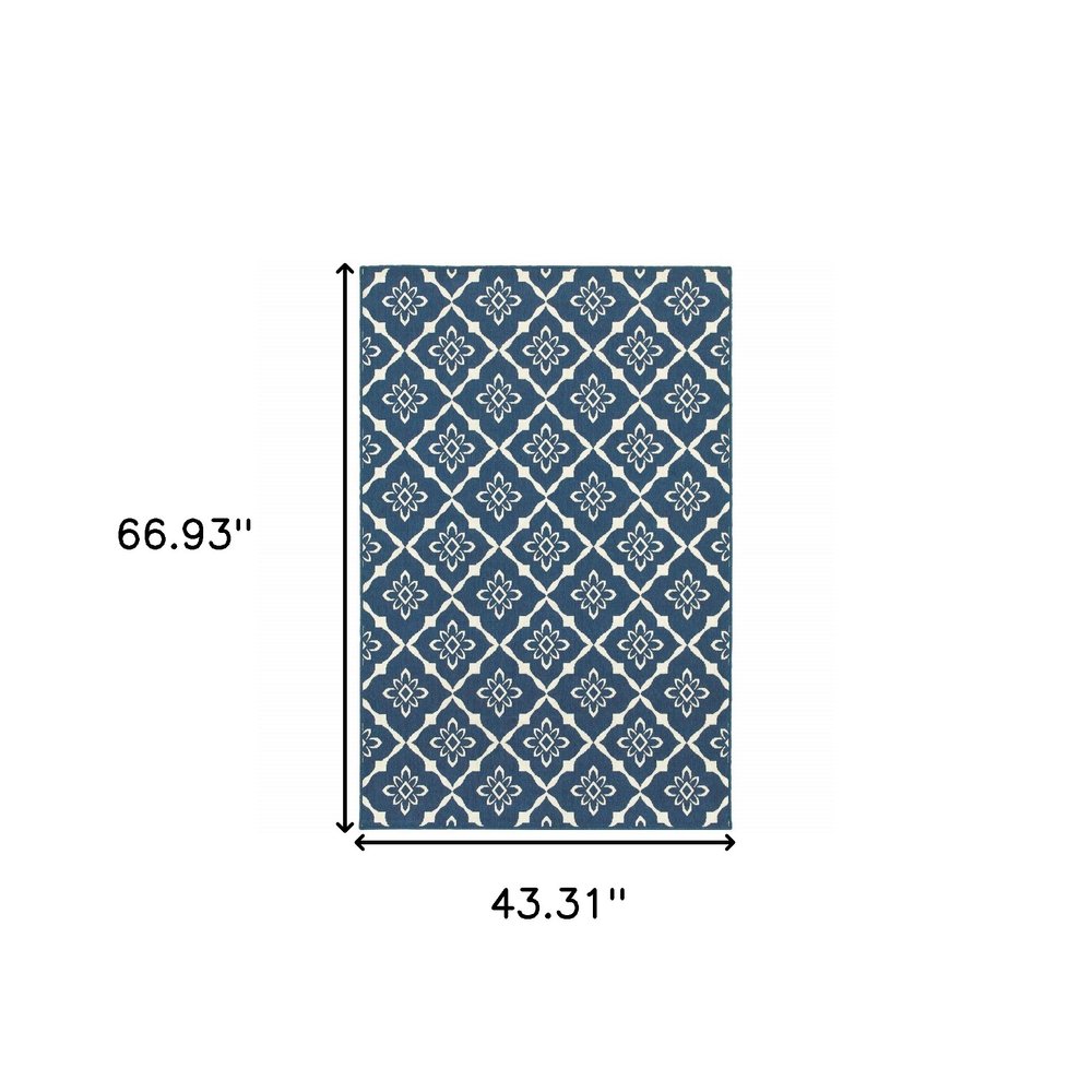 4' X 6' Blue and Ivory Floral Stain Resistant Indoor Outdoor Area Rug