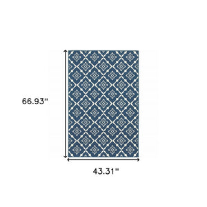 4' X 6' Blue and Ivory Floral Stain Resistant Indoor Outdoor Area Rug