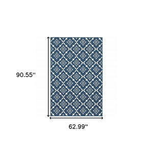 5' X 8' Blue and Ivory Floral Stain Resistant Indoor Outdoor Area Rug