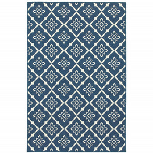 5' X 8' Blue and Ivory Floral Stain Resistant Indoor Outdoor Area Rug