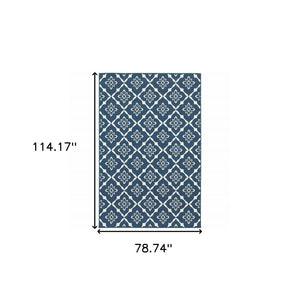 7' x 10' Blue and Ivory Floral Stain Resistant Indoor Outdoor Area Rug