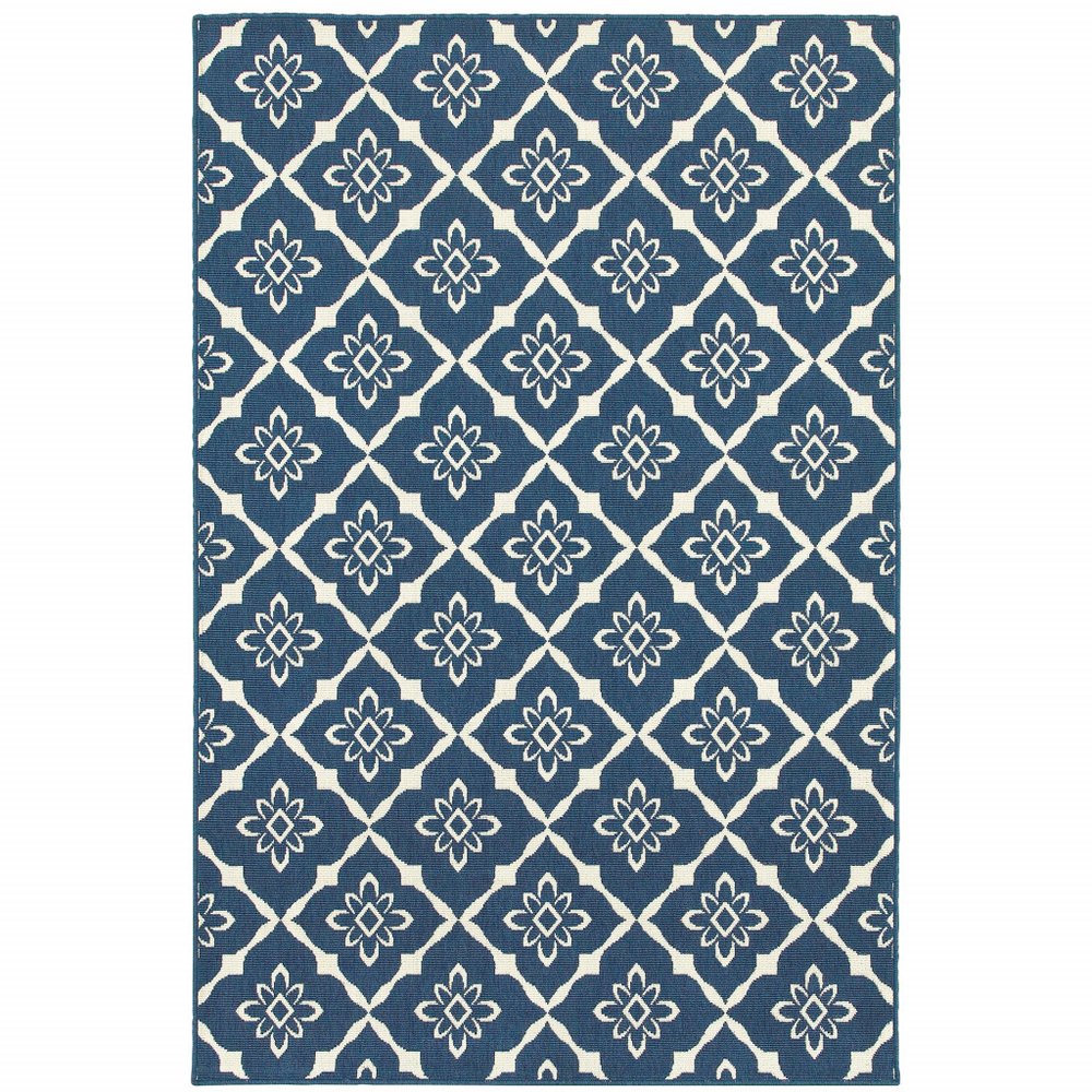 7' x 10' Blue and Ivory Floral Stain Resistant Indoor Outdoor Area Rug