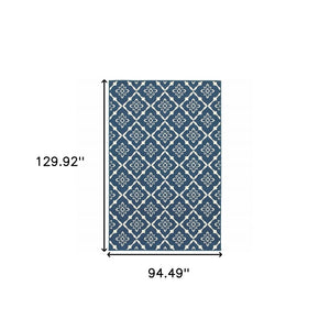 8' X 11' Blue and Ivory Floral Stain Resistant Indoor Outdoor Area Rug