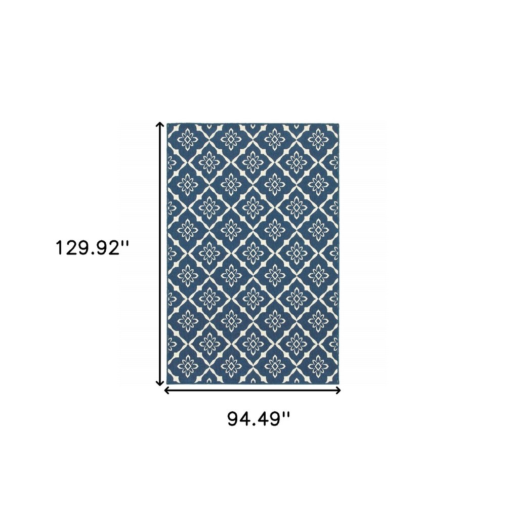 8' X 11' Blue and Ivory Floral Stain Resistant Indoor Outdoor Area Rug