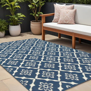 8' X 11' Blue and Ivory Floral Stain Resistant Indoor Outdoor Area Rug