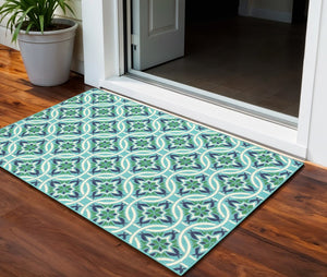 2' X 3' Blue and Green Geometric Stain Resistant Indoor Outdoor Area Rug