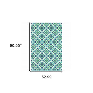5' X 8' Blue and Green Geometric Stain Resistant Indoor Outdoor Area Rug