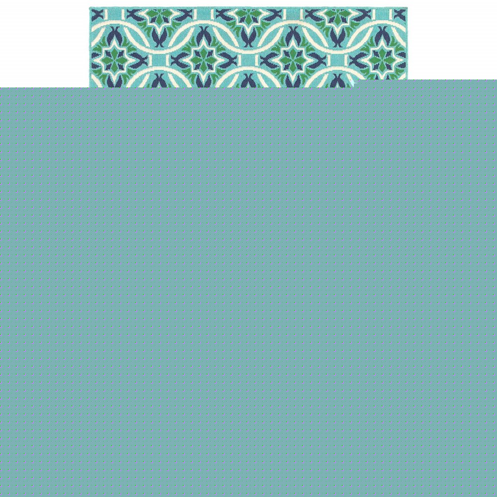 7' X 10' Blue and Green Geometric Stain Resistant Indoor Outdoor Area Rug