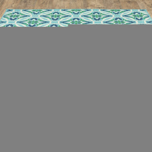 7' X 10' Blue and Green Geometric Stain Resistant Indoor Outdoor Area Rug