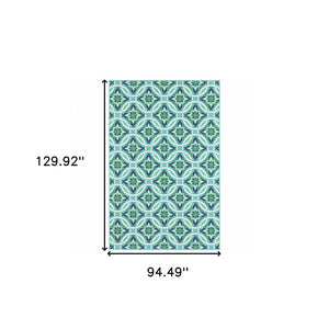 8' X 11' Blue and Green Geometric Stain Resistant Indoor Outdoor Area Rug