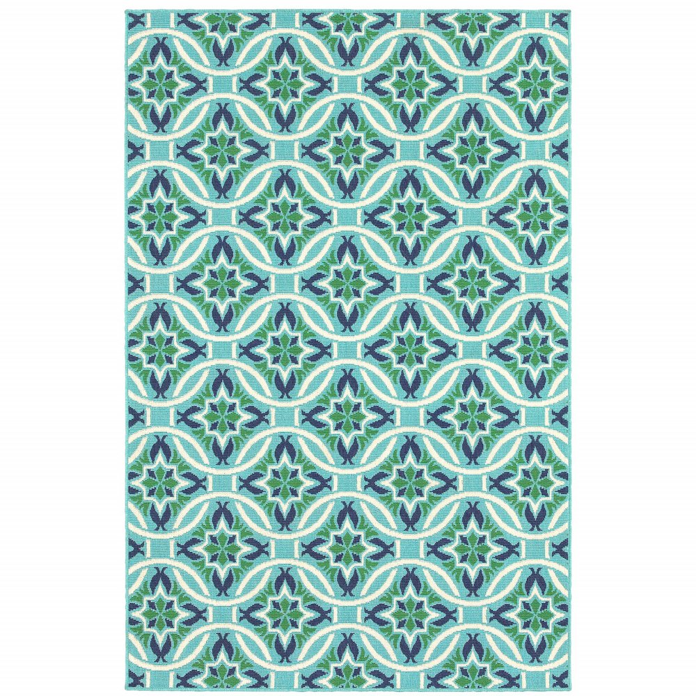 8' X 11' Blue and Green Geometric Stain Resistant Indoor Outdoor Area Rug