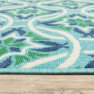 8' X 11' Blue and Green Geometric Stain Resistant Indoor Outdoor Area Rug
