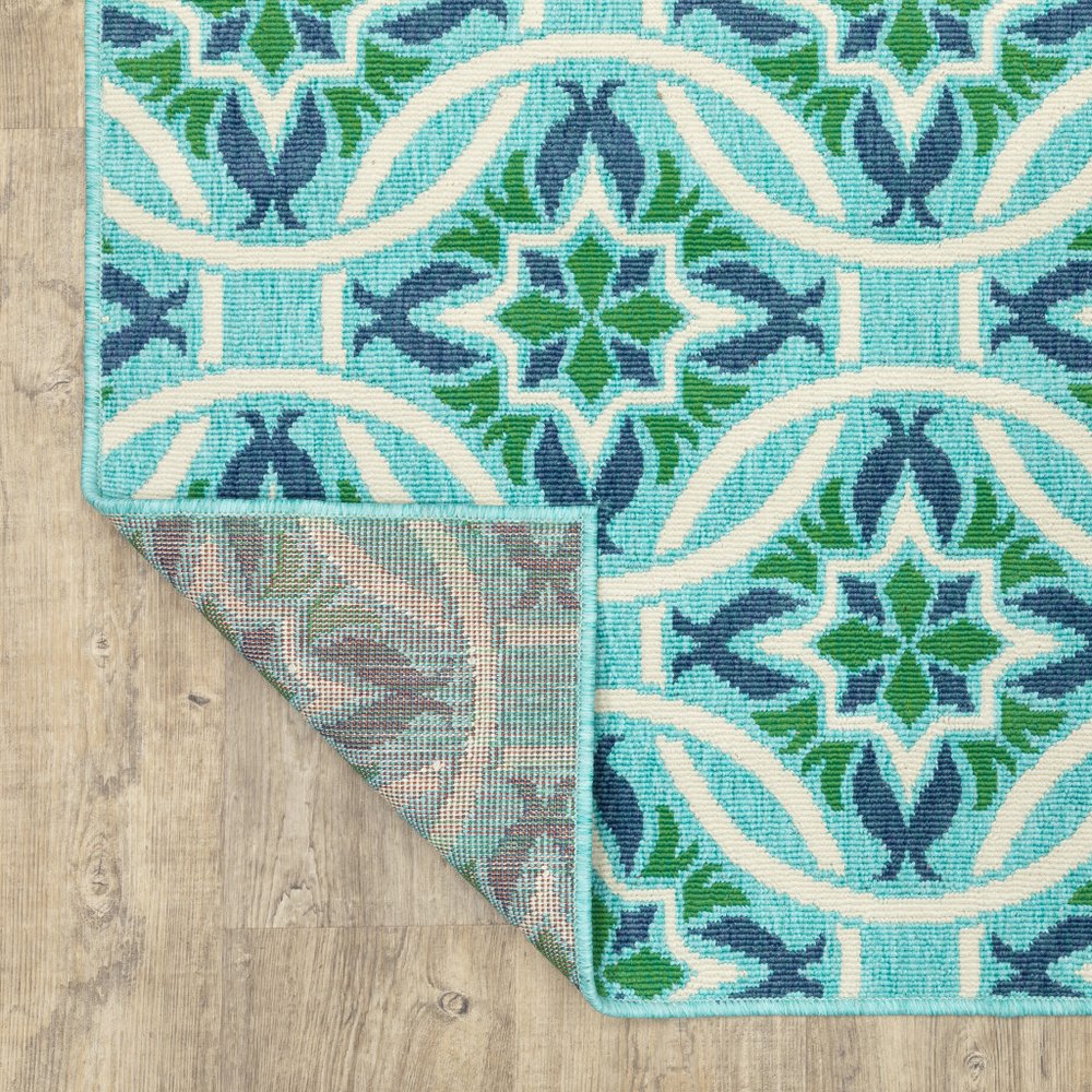 8' X 11' Blue and Green Geometric Stain Resistant Indoor Outdoor Area Rug