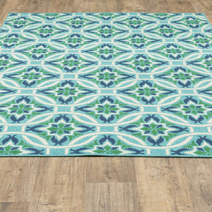8' X 11' Blue and Green Geometric Stain Resistant Indoor Outdoor Area Rug