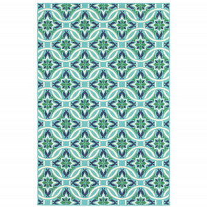 9' X 13' Blue and Green Geometric Stain Resistant Indoor Outdoor Area Rug