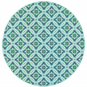 8' X 8' Blue and Green Round Geometric Stain Resistant Indoor Outdoor Area Rug