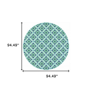 8' X 8' Blue and Green Round Geometric Stain Resistant Indoor Outdoor Area Rug