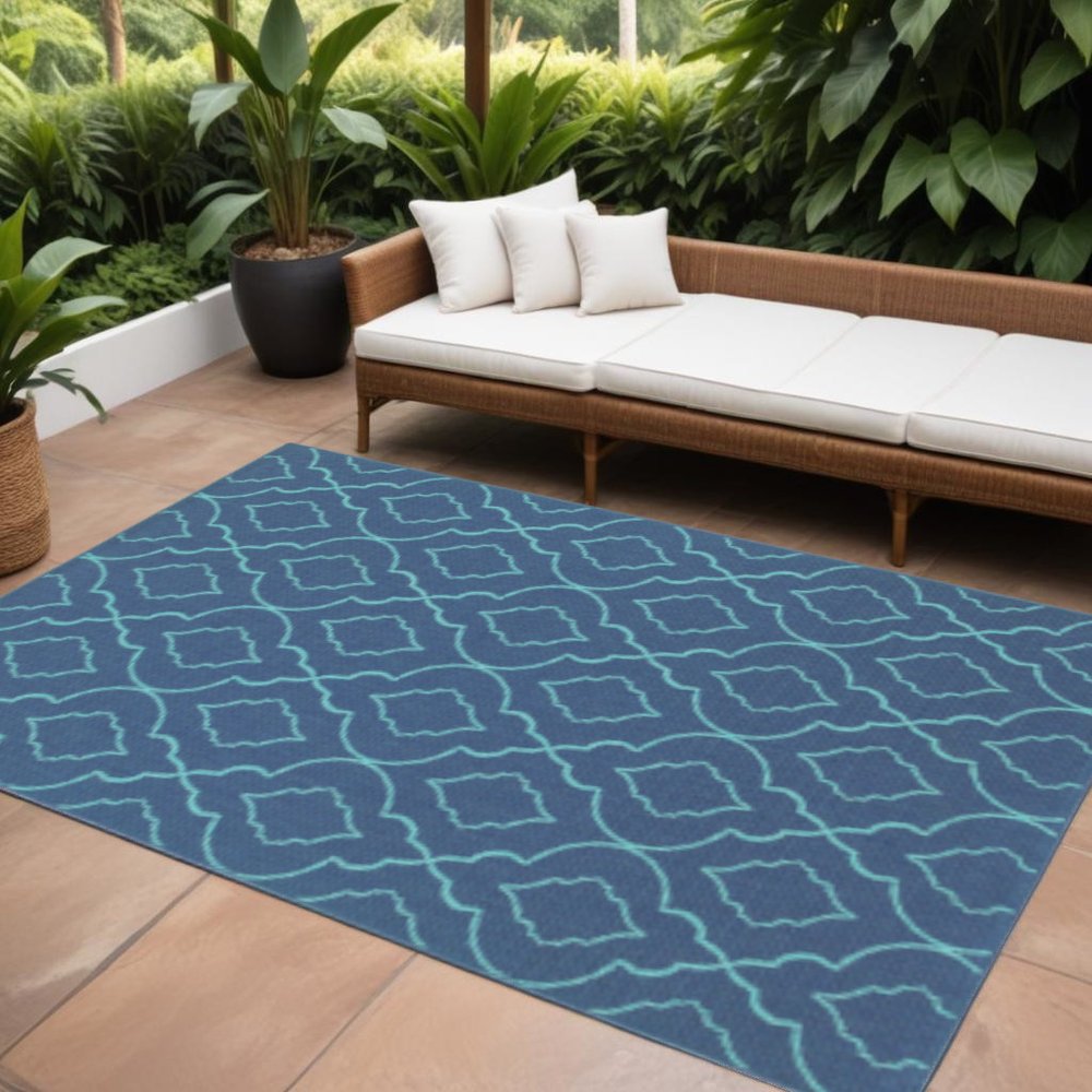 9' X 13' Blue Geometric Stain Resistant Indoor Outdoor Area Rug