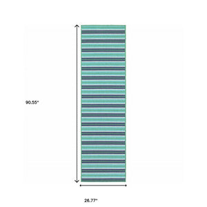 2' X 8' Blue and Green Geometric Stain Resistant Indoor Outdoor Area Rug