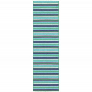 2' X 8' Blue and Green Geometric Stain Resistant Indoor Outdoor Area Rug
