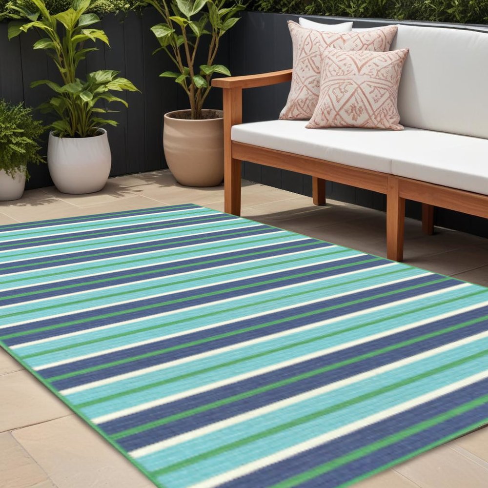 9' X 13' Blue and Green Geometric Stain Resistant Indoor Outdoor Area Rug