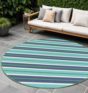 8' X 8' Blue and Green Round Geometric Stain Resistant Indoor Outdoor Area Rug