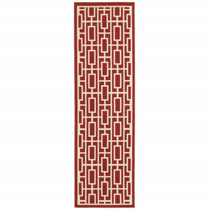 2' X 8' Red and Ivory Geometric Stain Resistant Indoor Outdoor Area Rug