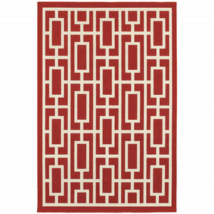 5' X 8' Red and Ivory Geometric Stain Resistant Indoor Outdoor Area Rug