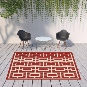 8' X 11' Red and Ivory Geometric Stain Resistant Indoor Outdoor Area Rug