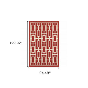 8' X 11' Red and Ivory Geometric Stain Resistant Indoor Outdoor Area Rug