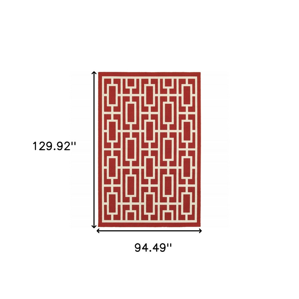 8' X 11' Red and Ivory Geometric Stain Resistant Indoor Outdoor Area Rug