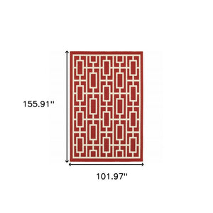 9' X 13' Red and Ivory Geometric Stain Resistant Indoor Outdoor Area Rug