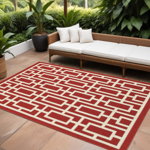 9' X 13' Red and Ivory Geometric Stain Resistant Indoor Outdoor Area Rug