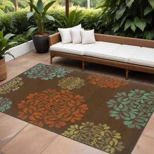 7' X 10' Brown Floral Stain Resistant Indoor Outdoor Area Rug