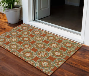 2' X 4' Brown and Ivory Floral Stain Resistant Indoor Outdoor Area Rug