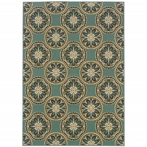 8' X 11' Blue and Ivory Floral Stain Resistant Indoor Outdoor Area Rug