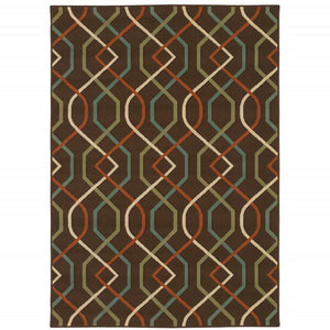 7' X 10' Brown and Ivory Geometric Stain Resistant Indoor Outdoor Area Rug