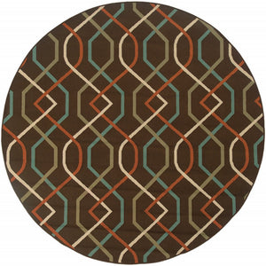 8' X 8' Brown and Ivory Round Geometric Stain Resistant Indoor Outdoor Area Rug