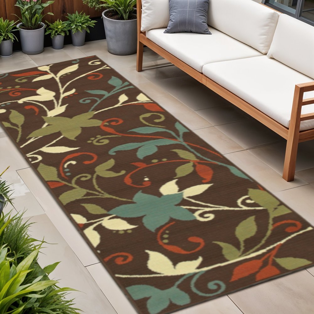 8' Runner Brown Floral Stain Resistant Indoor Outdoor Runner Rug