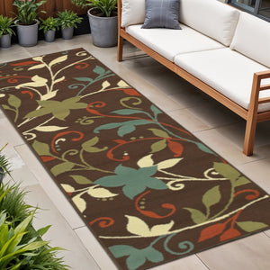 8' Runner Brown Floral Stain Resistant Indoor Outdoor Runner Rug