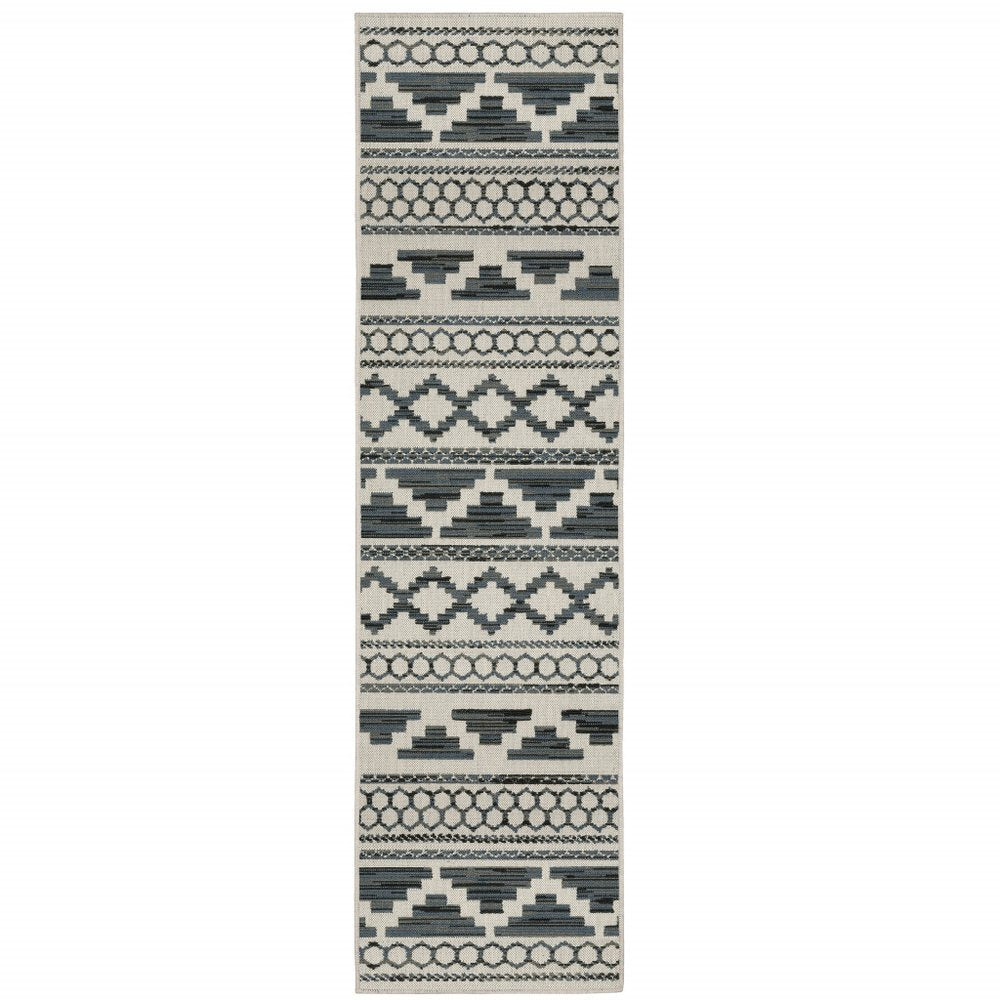 2' X 7' Blue and Beige Geometric Stain Resistant Indoor Outdoor Area Rug