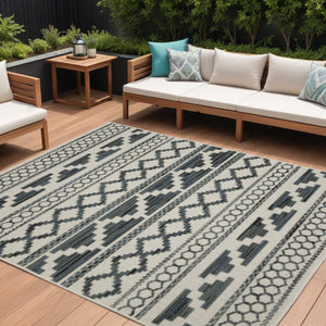 7' X 9' Blue and Beige Geometric Stain Resistant Indoor Outdoor Area Rug